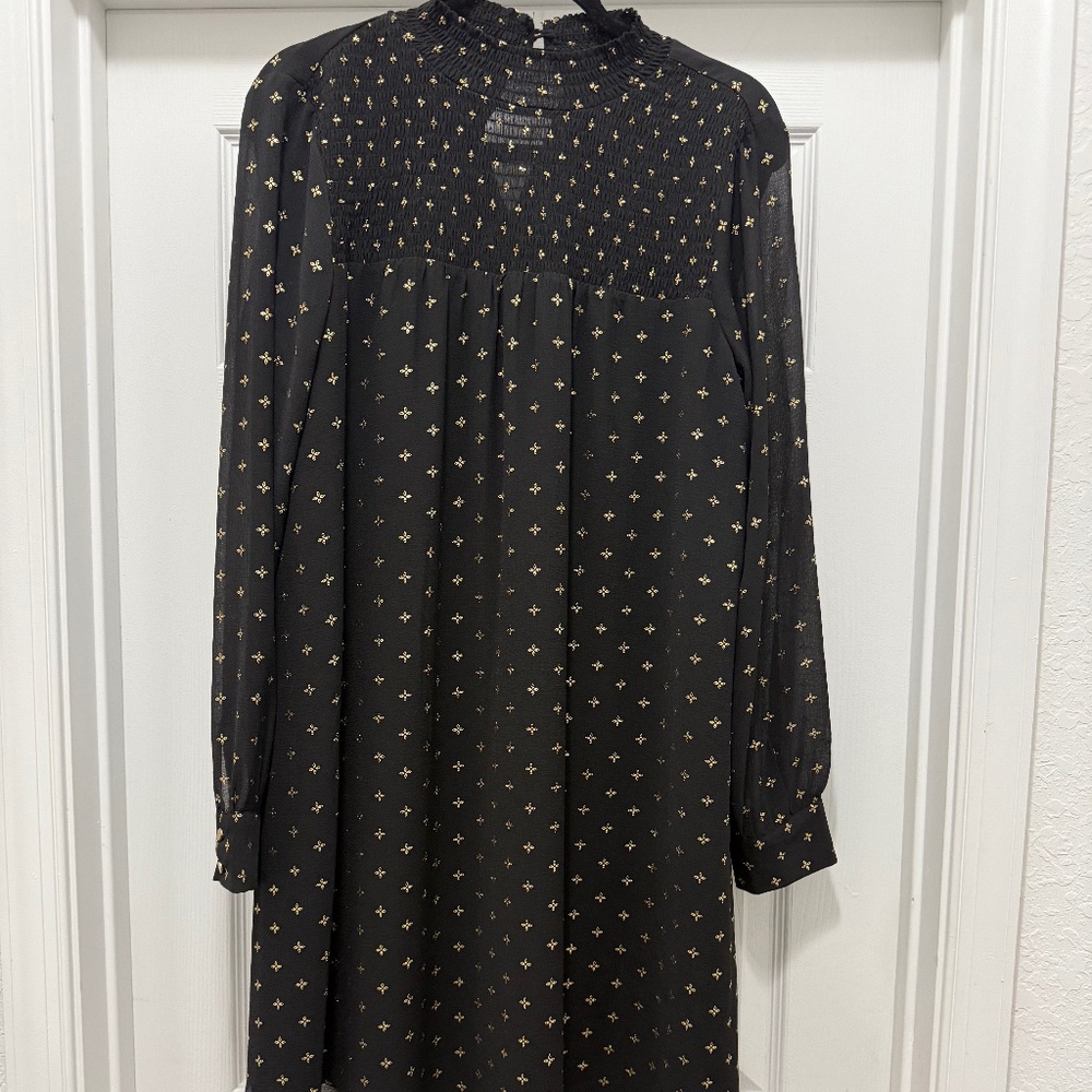 Black Gold Foil‎ Floral Smocked High Neck Long Sleeve Mini Shift Dress